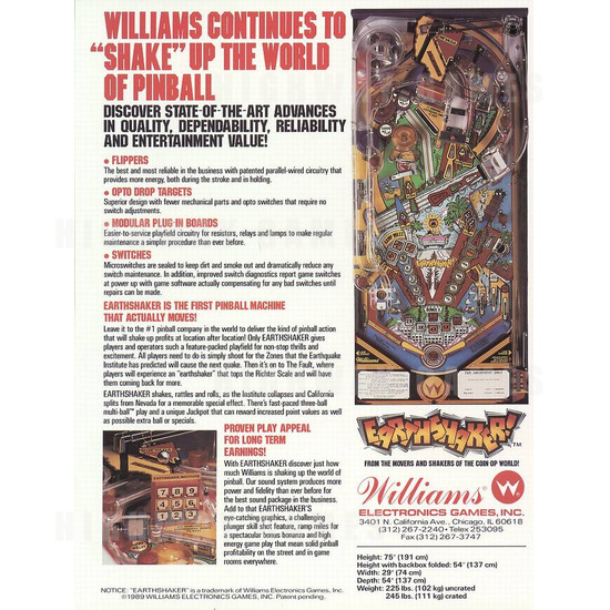 Earthshaker Pinball (1989) - Brochure Back