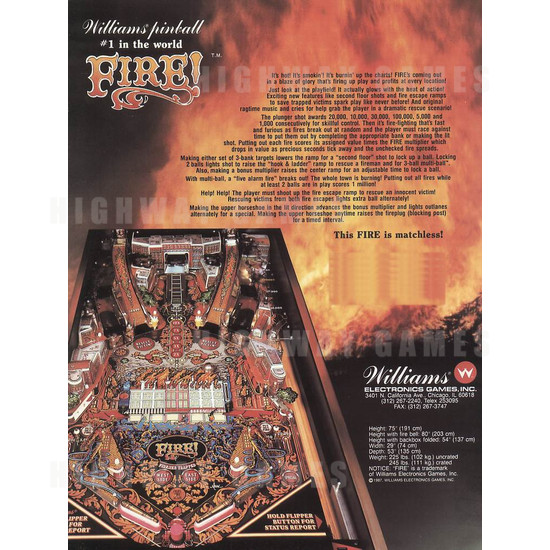 Fire! Pinball (1987) - Brochure Back