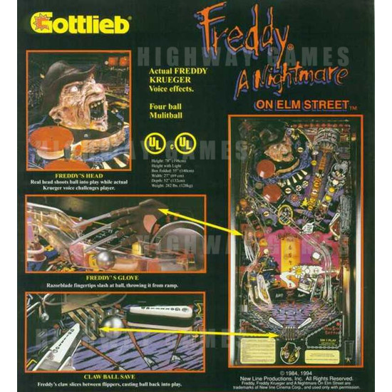 Freddy : A Nightmare on Elm Street Pinball (1994) - Brochure Back