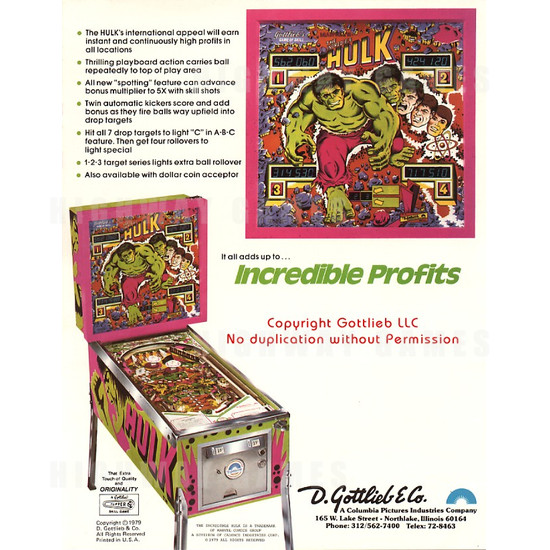 Incredible Hulk Pinball (1979) - Brochure Back