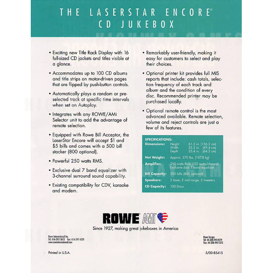 Laserstar Encore Jukebox - Brochure Back