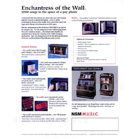 NSM Performer Wall 2000 Jukebox - Brochure Back