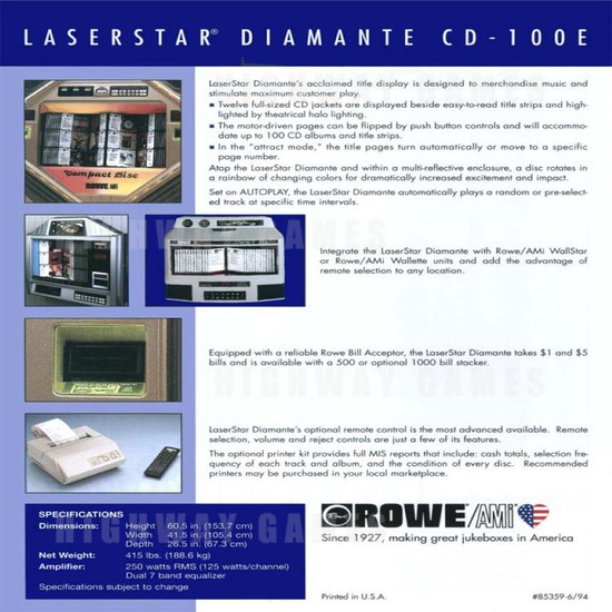 Rowe Laserstar Diamante CD100-E (100CD) - Duplicate - Brochure Back