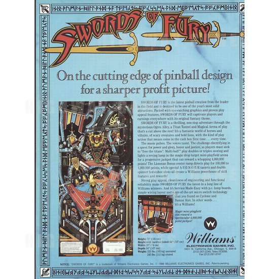 Swords of Fury Pinball (1988) - Brochure Back
